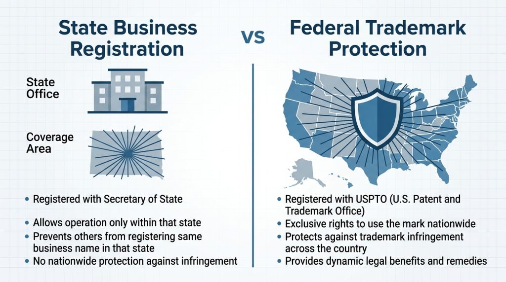 Comparison between state business registration and federal trademark protection in the US