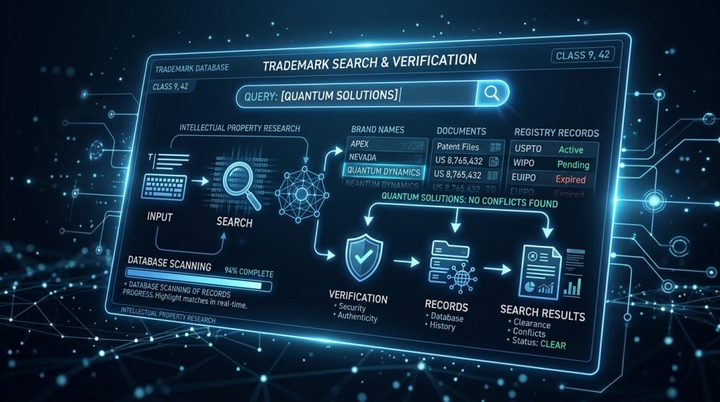 Digital trademark search process showing database and brand verification system